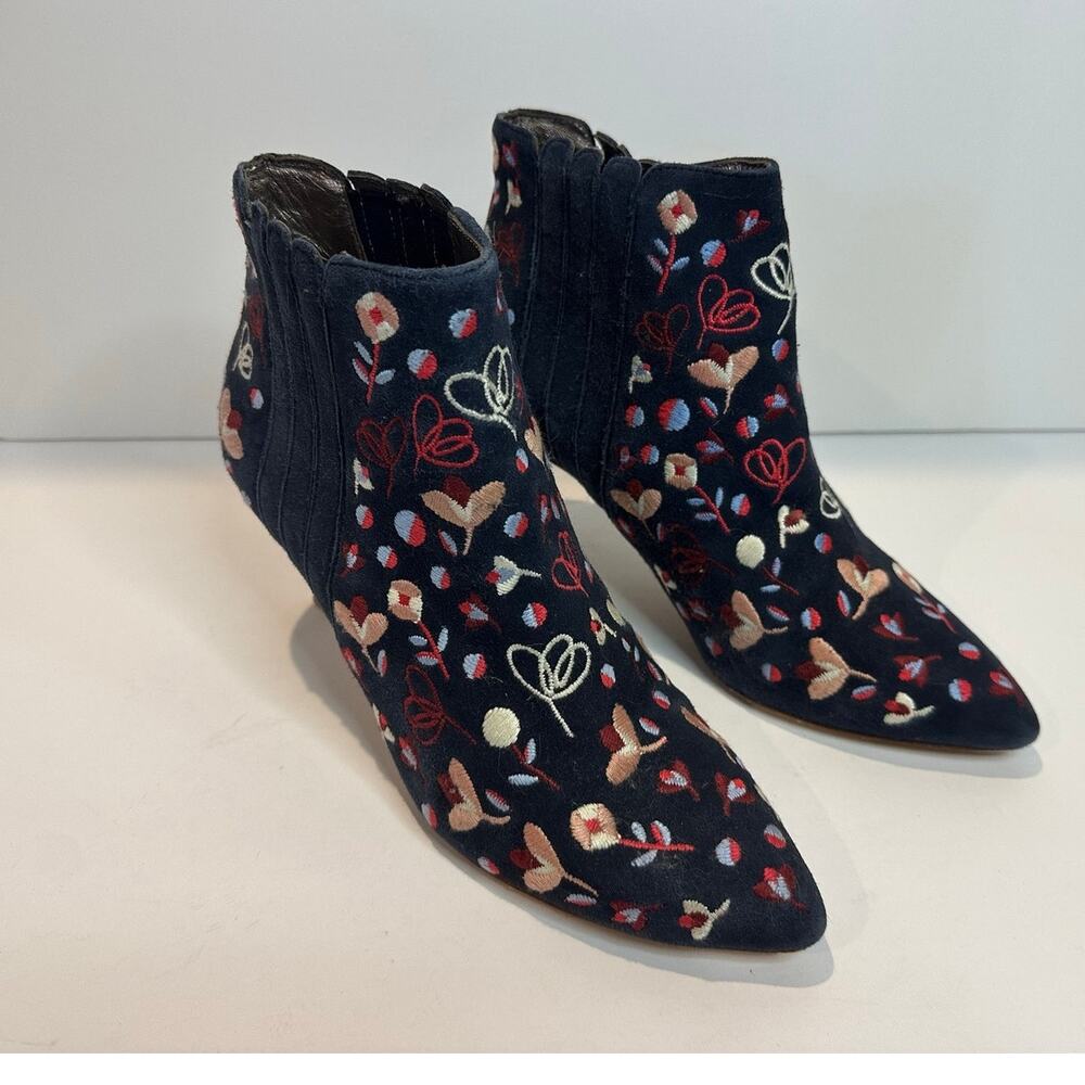 Boden Bridgewater Floral Embroidered Suede Kitten Heel Boots Blue EU 37